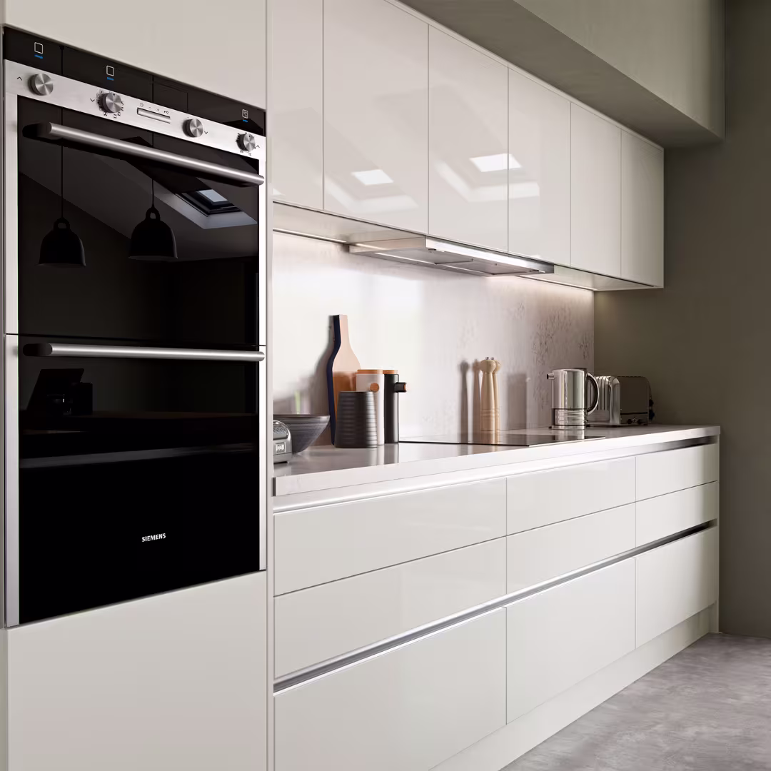 zola high gloss slab kitchen with true handleless rail